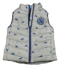 Šedo-modrá šusťáková prošívaná zateplená vesta s koníky 