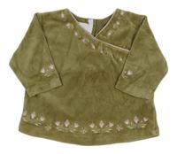 Khaki sametové triko s výšivkami květů H&M