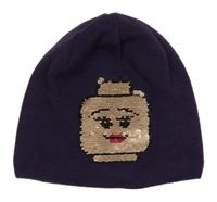 Fialová pletená podšitá čepice s obrázkem z flitrů LEGO