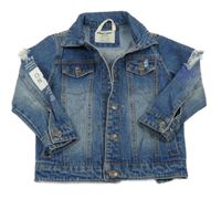 Tmavomodrá riflová bunda s nápisy a prošoupáním 