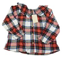 Nové -Červeno-bílo-modro-černá kostkovaná halenka s volánkem Dunnes Stores