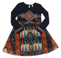 Tmavomodro-barevné vzorované šaty se síťovanou sukní Desigual