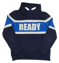 Tmavomodro-bílá mikina s nápisem a límečkem Alive