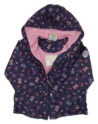 Tmavomodro-růžová květovaná šusťáková jarní bunda s motýlky a kapucí Topolino