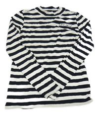 Bílo-tmavomodré pruhované triko s nápisem 