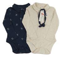 3set - 2x body - tmavomodré s medvídky + béžové žebrované + tmavomodrý motýlek F&F