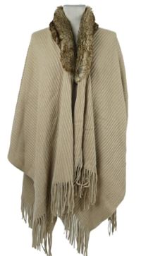 Dámský béžový svetrový pléd s třásněmi s kožíškem 