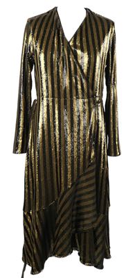 Dámské zlato-černé pruhované flitrové zavinovací šaty s páskem 