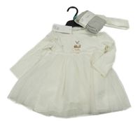 Nové - 3set- bílé šaty s obrázkem+ punčocháče+ čelenka F&F