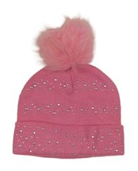 Růžová čepice s kamínky s bambulí Primark