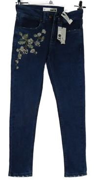 Nové - Dámské tmavomodré kotníkové rifle s květy Topshop vel. 25