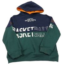 Tmavomodro-tmavozelená mikina s nápisem a kapucí 