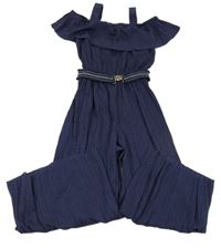 Tmavomodrý plisovaný kalhotový overal s páskem C&A