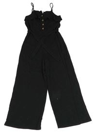 Černý žebrovaný culottes overal s páskem River Island