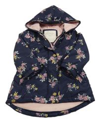 Tmavomodrá šusťáková zimní parka s kytičkami a kapucí Mothercare