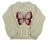 Smetanový vzorovaný svetr s motýlem z flitrů C&A