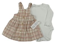 Nové - 2set - Růžovo-bílé kostkované propínací vlněné šaty + bílé žebrované body F&F
