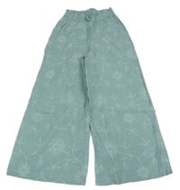 Mátové lněné culottes kalhoty s květy C&A