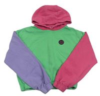 Zeleno-fialovo-růžová crop mikina se smajlíkem a kapucí PEP&CO