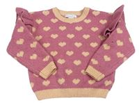 Starorůžovo-broskvový vlněný svetr se srdíčky a volánky zn. PRIMARK