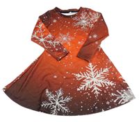 Červeno-hnědé vánoční šaty s vločkami 