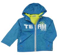 Modrzelená melírovaná šusťáková jarní bunda s nápisy a kapucí Topomini