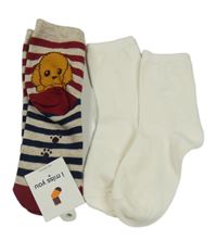 Nové - 2x - Ponožky - Pruhované s pejskem, smetanové 