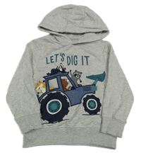 Světlešedá melírovaná mikina s bagrem a zvířátky a nápisem a kapucí C&A