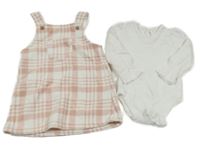 2Set - Bílo-světlerůžovo-starorůžové kostkované fleecové šaty s kapsou + bílé žebrované body George