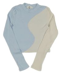 Světlemodro-smetanové žebrované crop triko H&M