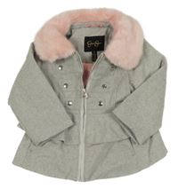 Světlešedý melírovaný vlněný zateplený kabát s volánkem a kožešinovým límečkem Jessica Simpson