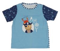 Modro-tmavomodro-pruhované tričko s pirátem a krabem 