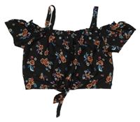 Černá crop halenka s růžemi a uzlem New Look