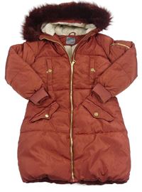 Cihlový šusťákový zimní kabát s kapucí s kožíškem Next