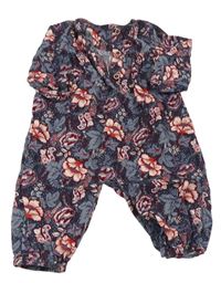 Šedý květovaný kalhotový manšestrový overal Nutmeg