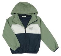 Khaki-bílo-tmavomodrá šusťáková jarní bunda s nápisem a kapucí H&M