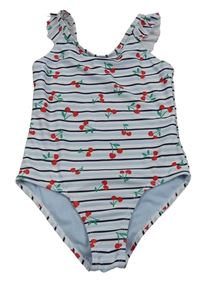 Světlemodro-bílo-tmavomodré pruhované jednodílné plavky s třešněmi Primark