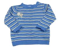 Modro-bílo-hnědý pruhovaný svetr s medvědem