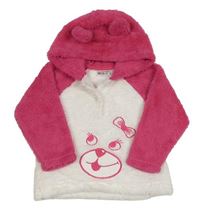 Bílo-fuchsiová chlupatá mikina s medvědem a kapucí