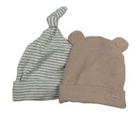 2x bavlněná čepice - starorůžová žebrovaná s oušky + šedo-bílá pruhovaná