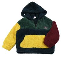 Tmavomodro-khaki-hořčicová chlupatá mikina s nášivkou a kapucí Shein