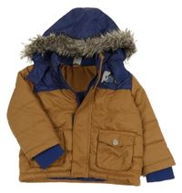 Hnědo-tmavomodrá šusťáková zimní bunda s písmeny a kapucí Kiki&Koko