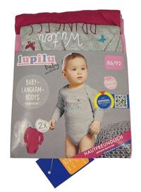 Nové - 2x body - šedé melírované s nápisem a motýly + fuchsiové Lupilu