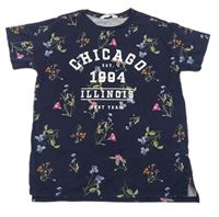 Tmavomodré květované tričko s nápisem H&M