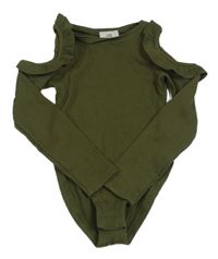Khaki žebrované body s holými rameny a volánky River Island