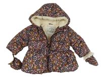 Tmavomodro-barevná květovaná šusťáková zimní bunda s kapucí + rukavice George