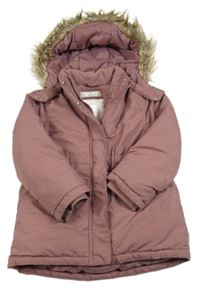 Starorůžová šusťáková zimní bunda s kapucí s kožešinou H&M