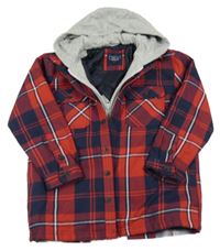 Červeno-tmavomodrá kostkovaná zateplená košilová bunda s teplákovou kapucí Next