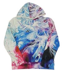 Bílo-modro-růžová vzorovaná mikina s kapucí 