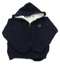 Tmavomodrý zateplený propínací svetr s kapucí 